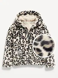 Faux-Fur Leopard-Print Hooded Zip-Front Jacket for Girls